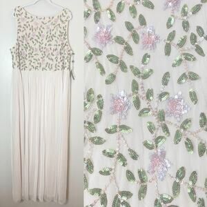 NWT ADRIANNA PAPELL DRESS 22W FLORAL SEQUIN BEADED LONG TULLE MAXI GOWN IVORY
